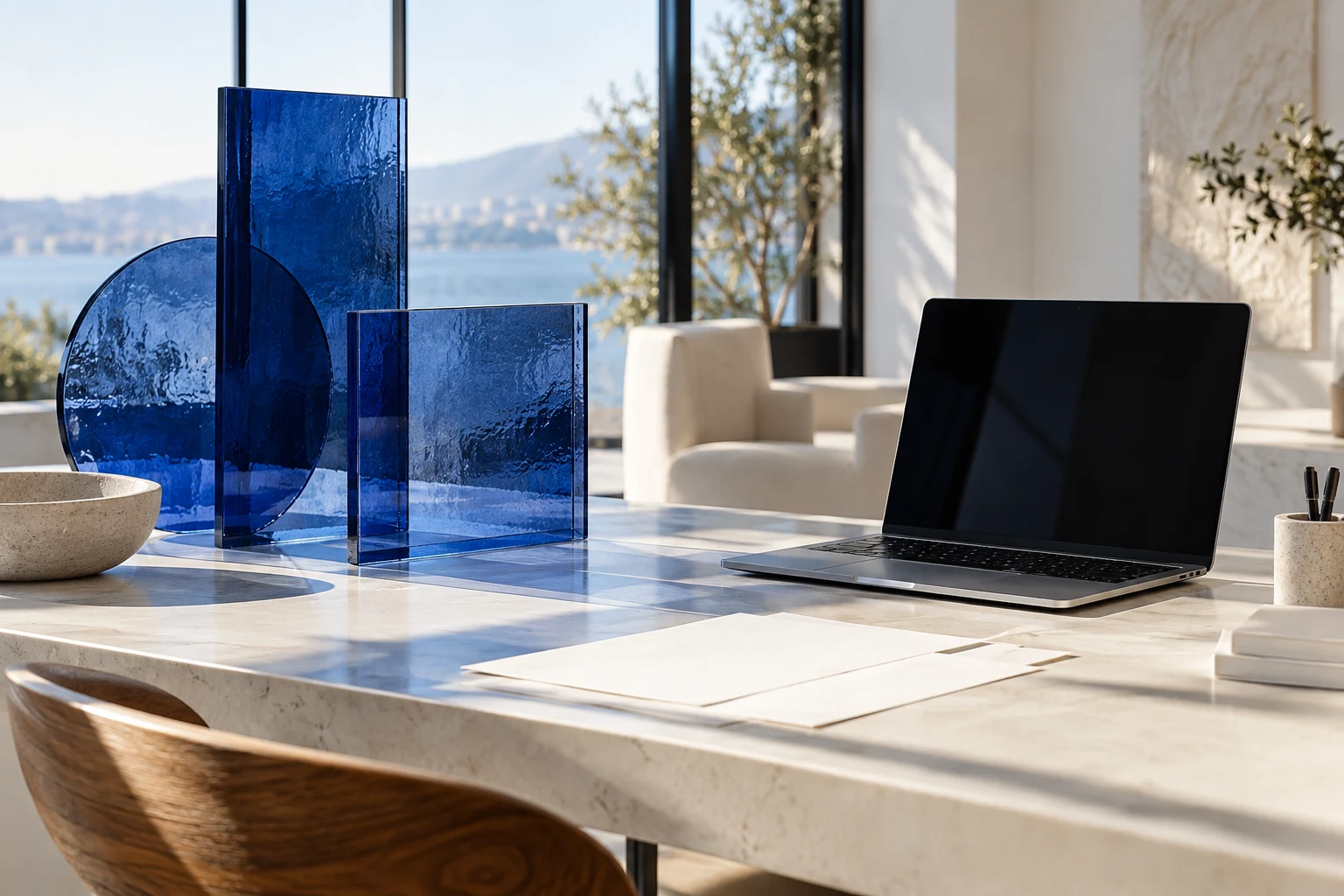 Sunlit studio workspace with cobalt glass accents